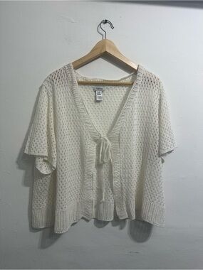 Avenue Women’s Plus Size 22/24 White Open-Knit Tie-Front Cardigan